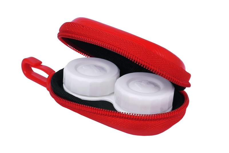 Raudonas kelioninis kontaktinių lęšių dėklas